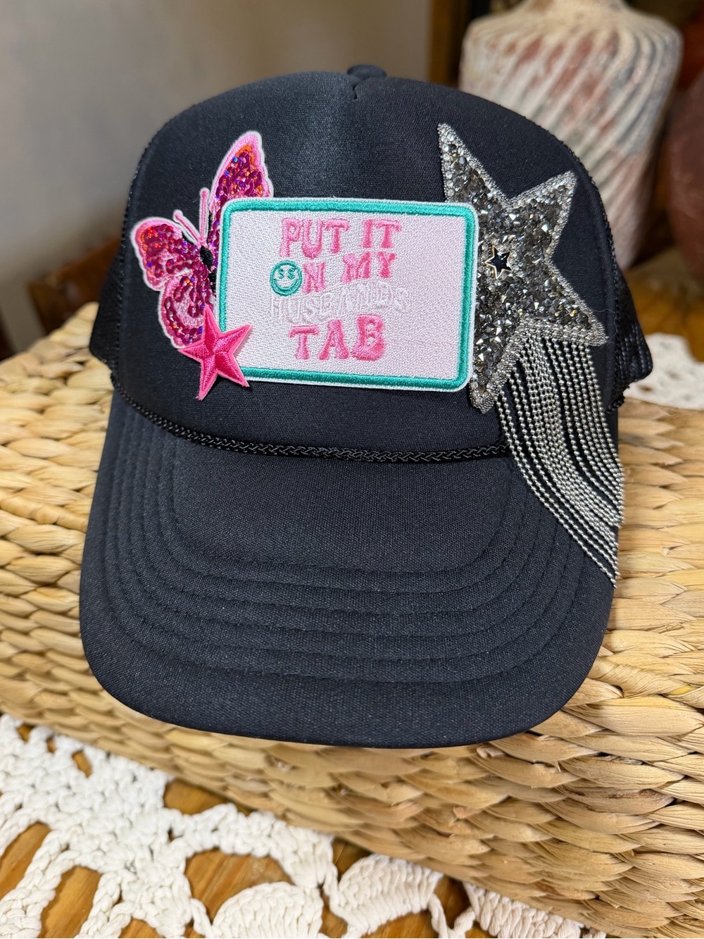 Put It On My Husbands Tab Trucker Hat Rhinestone Star Fringe Butterfly Black